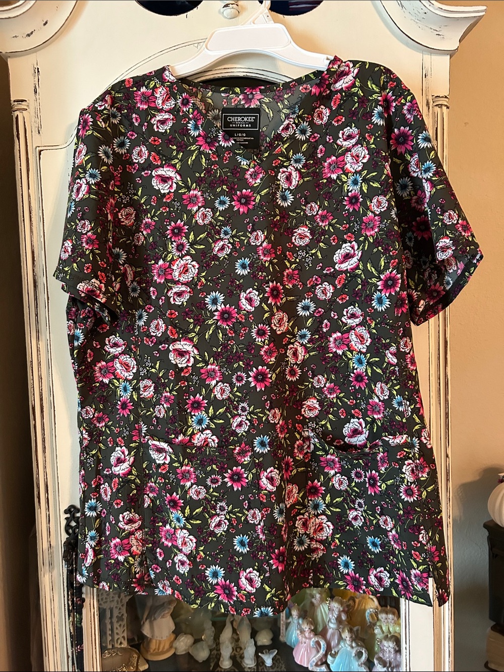 Cherokee olive green Floral V-neck Scrub Top with Pink Accents